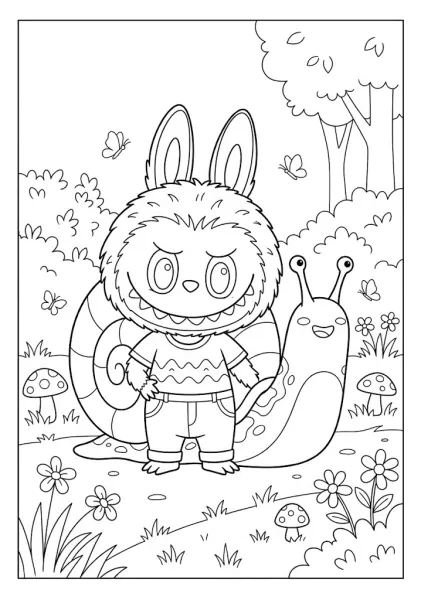A friendly Labubu monster standing next to a giant snail featured in cute Labubu coloring pages