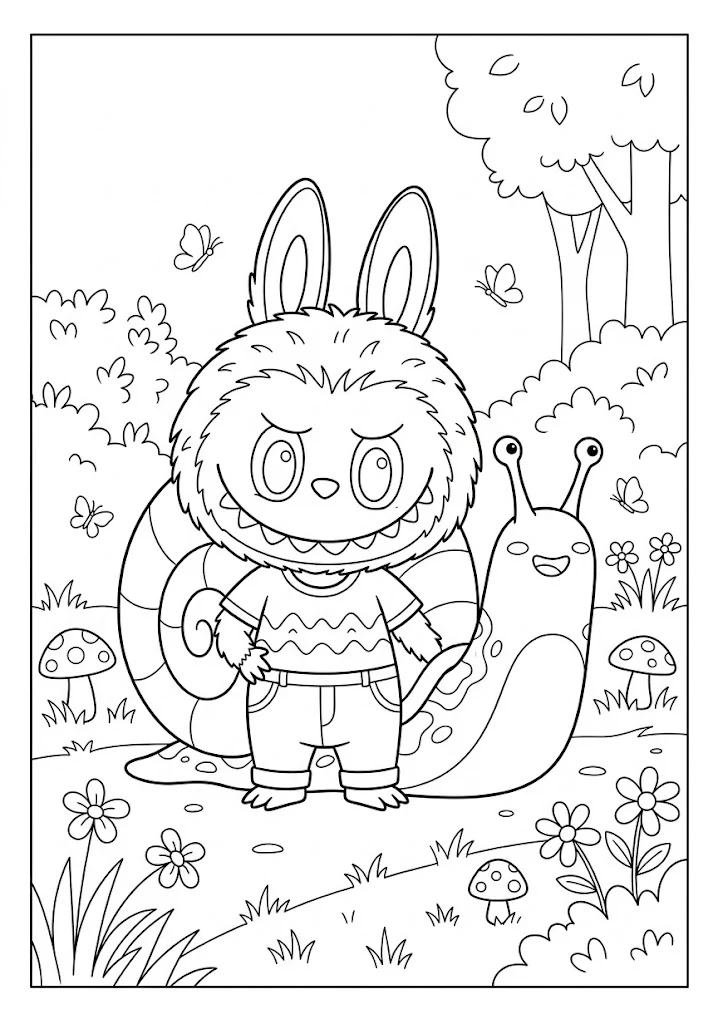 A friendly Labubu monster standing next to a giant snail featured in cute Labubu coloring pages