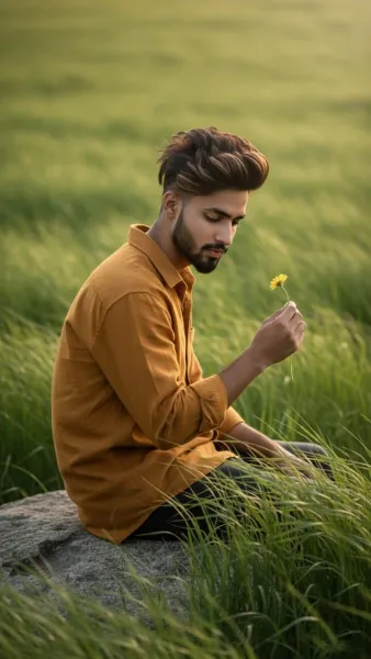High-End Golden Hour Portrait of Thoughtful Bearded Man with Dandelion
