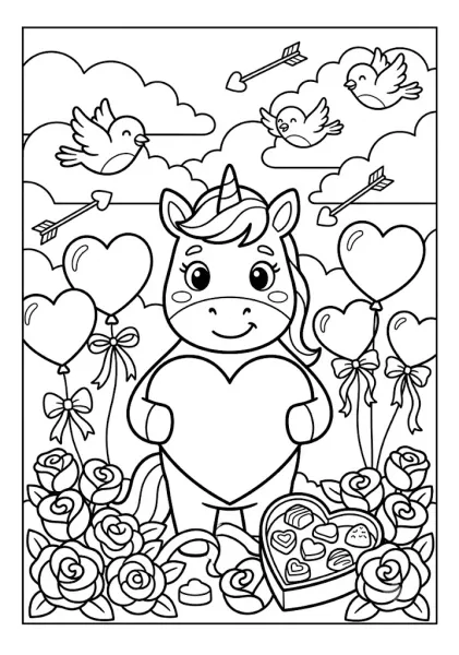 A black and white outline of a unicorn holding a heart and surrounded by roses, balloons, and flying birds