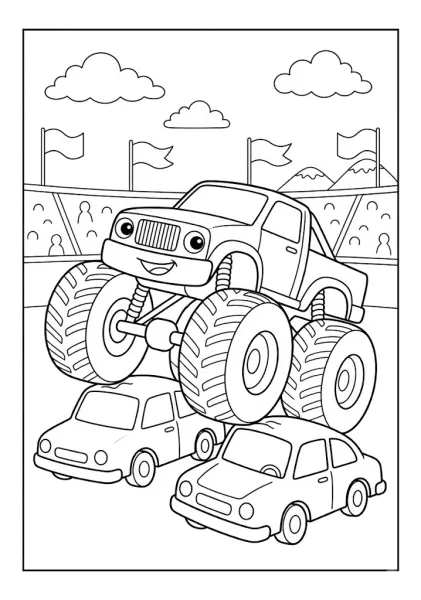 Monster truck crushing two cars in a stadium arena filled with spectators Monster Truck Coloring Pages