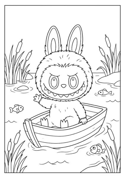 A happy Labubu monster waving while riding a small wooden boat in fun Labubu coloring pages