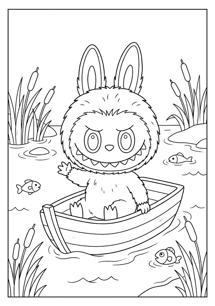 A happy Labubu monster waving while riding a small wooden boat in fun Labubu coloring pages