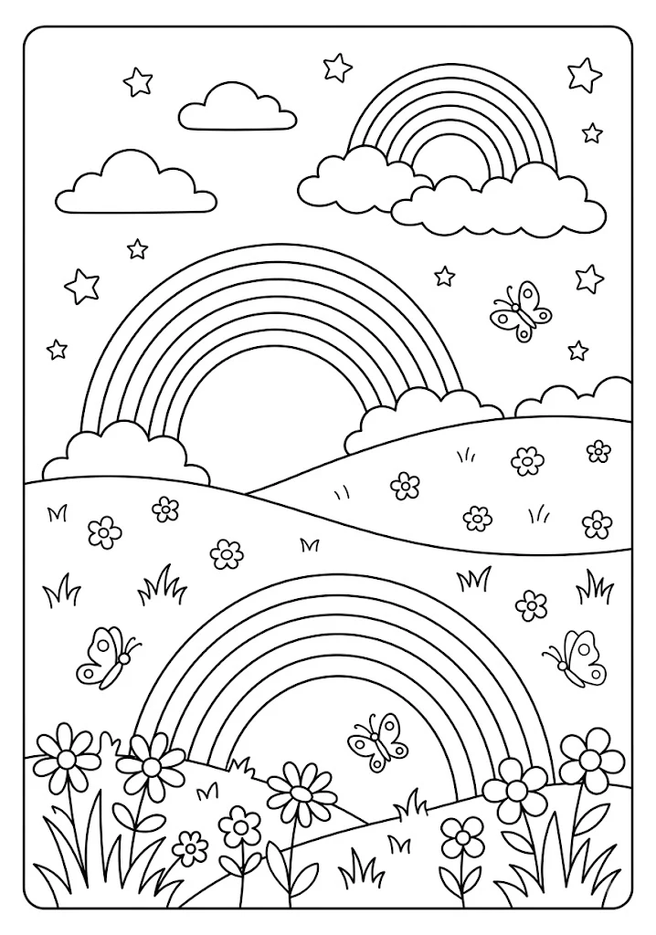 Line art coloring page featuring multiple rainbows stars butterflies and blooming flowers on rolling hills