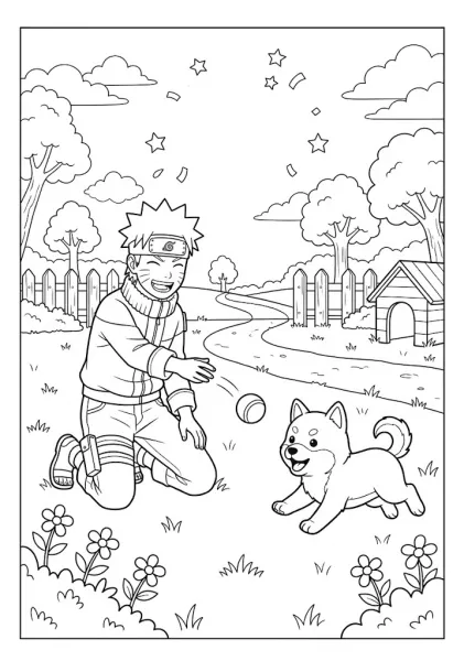 Chibi Naruto playing fetch with a small puppy in a yard with trees and flowers coloring page