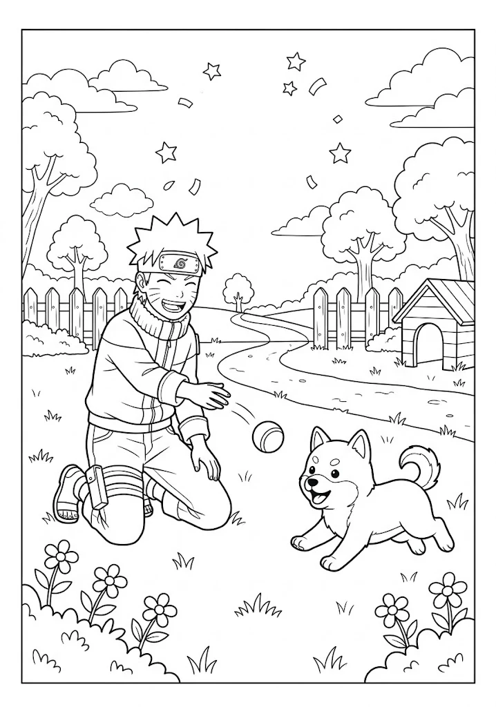 Chibi Naruto playing fetch with a small puppy in a yard with trees and flowers coloring page