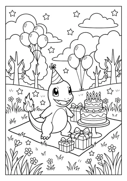 Cute Charmander wearing a party hat celebrating a birthday with a cake balloons and gift boxes outdoor Pokemon Coloring Pages