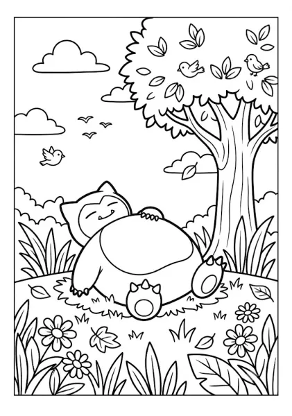Cute Snorlax sleeping peacefully under a big shady tree with singing birds and fallen leaves Pokemon Coloring Pages Title: Snorlax Sleeping Under Shady Tree Pokemon Coloring Pages