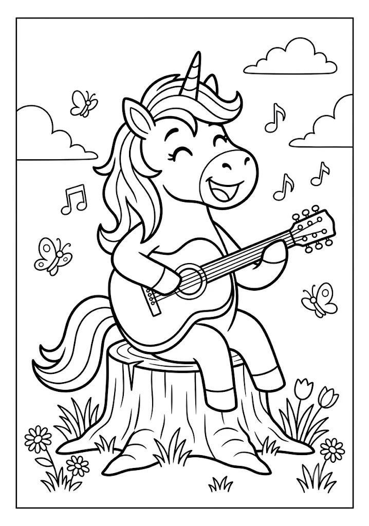 Cute unicorn sitting on a tree stump playing a acoustic guitar outdoors Title: Unicorn Playing Guitar Coloring Pages