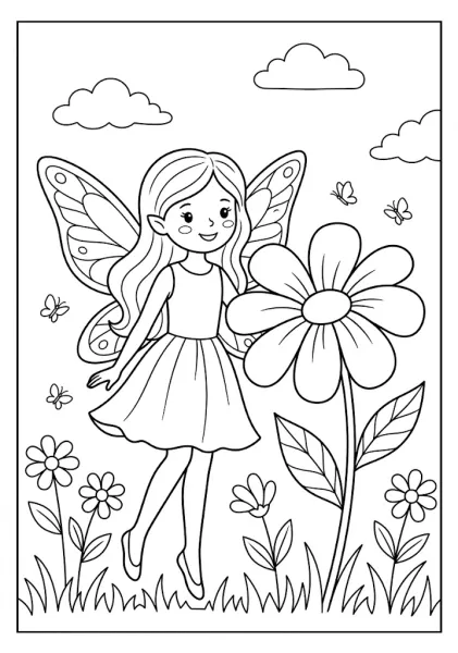 A cute fairy with patterned butterfly wings standing next to a giant blooming daisy flower in a garden filled with butterflies Fairy Coloring Pages