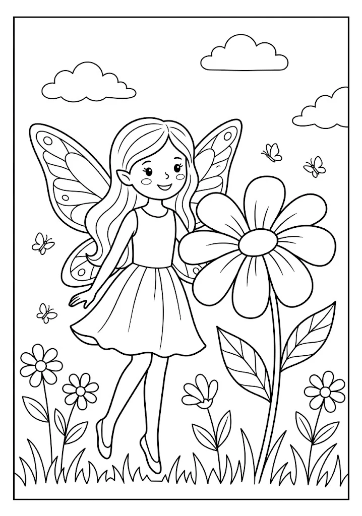 A cute fairy with patterned butterfly wings standing next to a giant blooming daisy flower in a garden filled with butterflies Fairy Coloring Pages