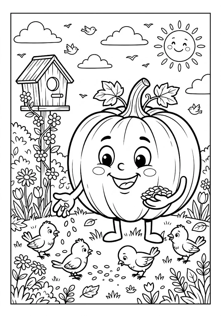 Cute pumpkin feeding seeds to small birds on the ground near a wooden birdhouse and blooming flowers under a bright sun Pumpkin Coloring Pages