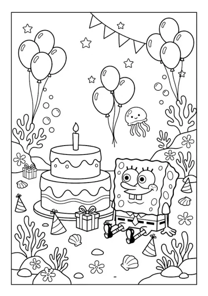 SpongeBob  sitting beside a big two-tier birthday cake with a candle, balloons, and party hats SpongeBob Coloring Pages