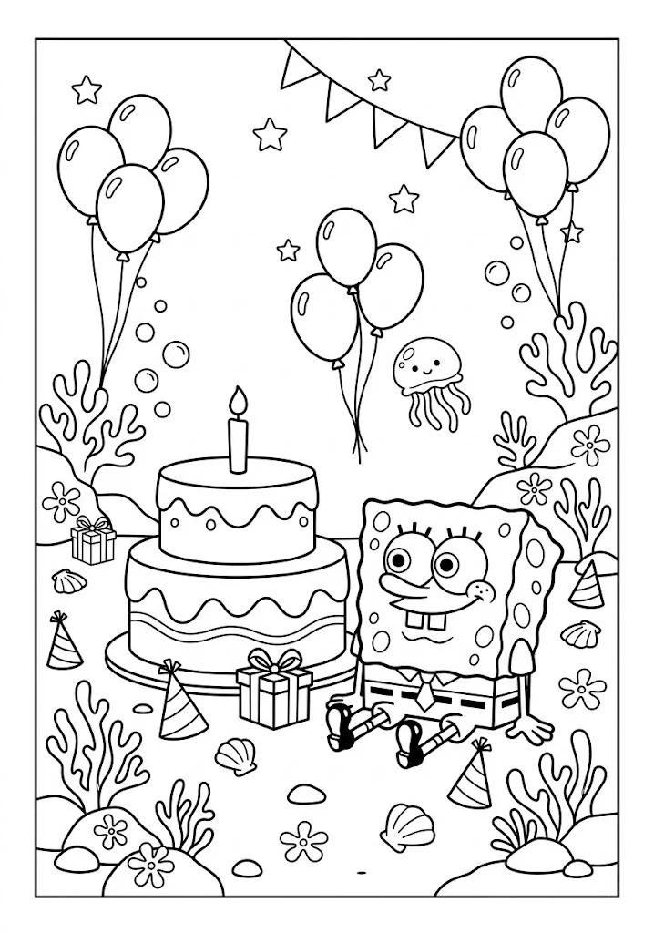 SpongeBob  sitting beside a big two-tier birthday cake with a candle, balloons, and party hats SpongeBob Coloring Pages