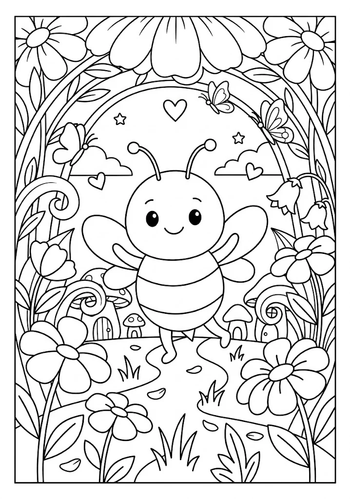 A cute bee standing inside a magical garden flower arch with fluttering butterflies Bee Coloring Pages