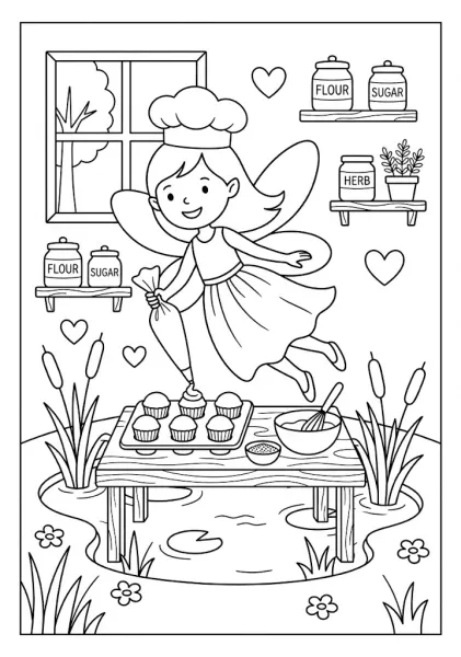 A cute fairy wearing a chef hat icing cupcakes on a wooden table near kitchen shelves and a window Fairy Coloring Pages