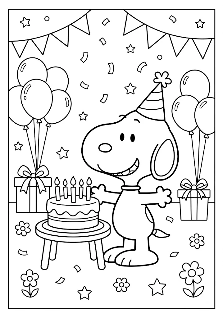 Snoopy wearing a party hat next to a birthday cake with lit candles and gift boxes Snoopy Coloring Pages