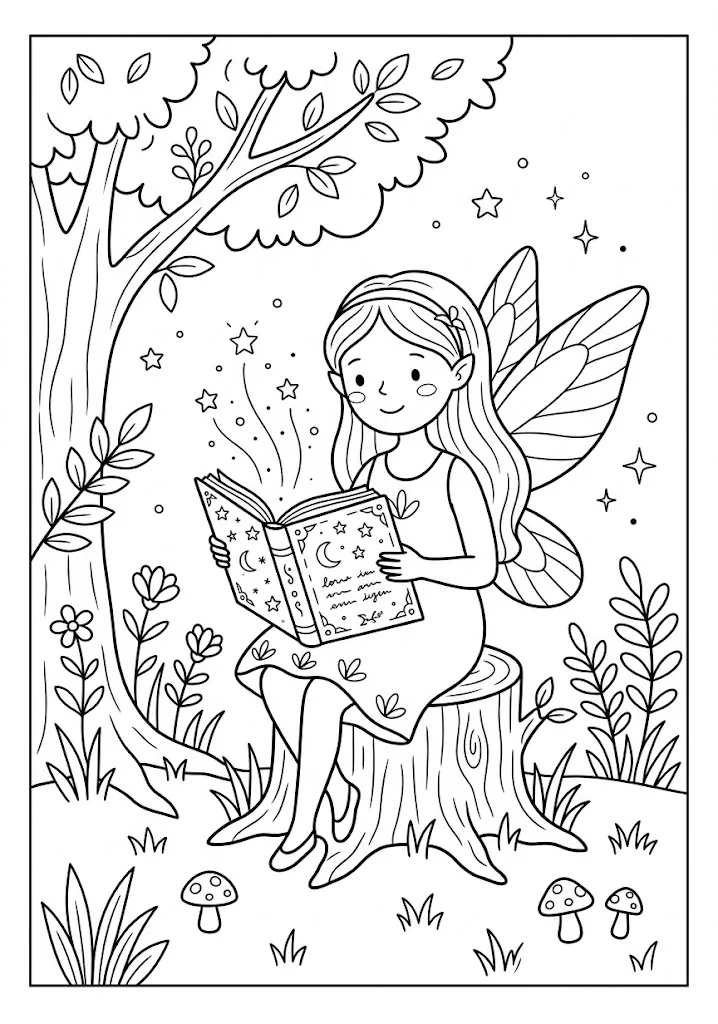 A cute fairy sitting on a tree stump reading a glowing magical spellbook under a leafy tree Fairy Coloring Pages