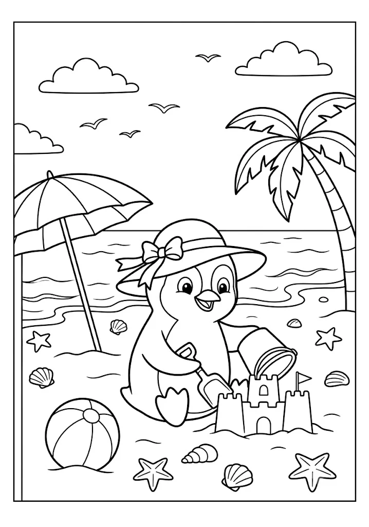 Cute penguin wearing a sun hat building a sandcastle on the beach near a palm tree beach ball and umbrella Penguin Coloring Pages