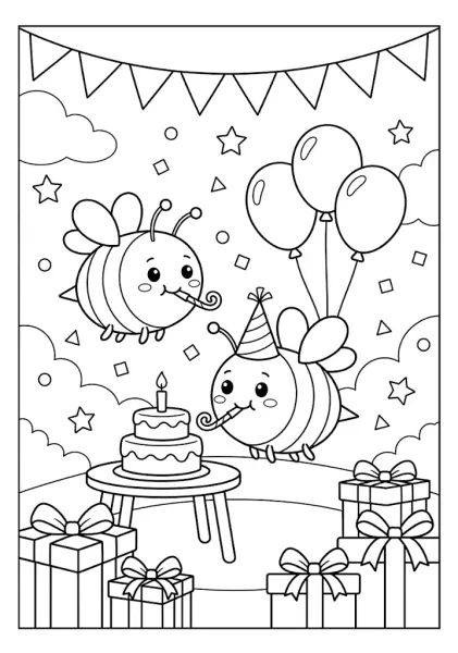 Two cute bees wearing party hats celebrating with a birthday cake, balloons, and wrapped gift boxes Bee Coloring Pages