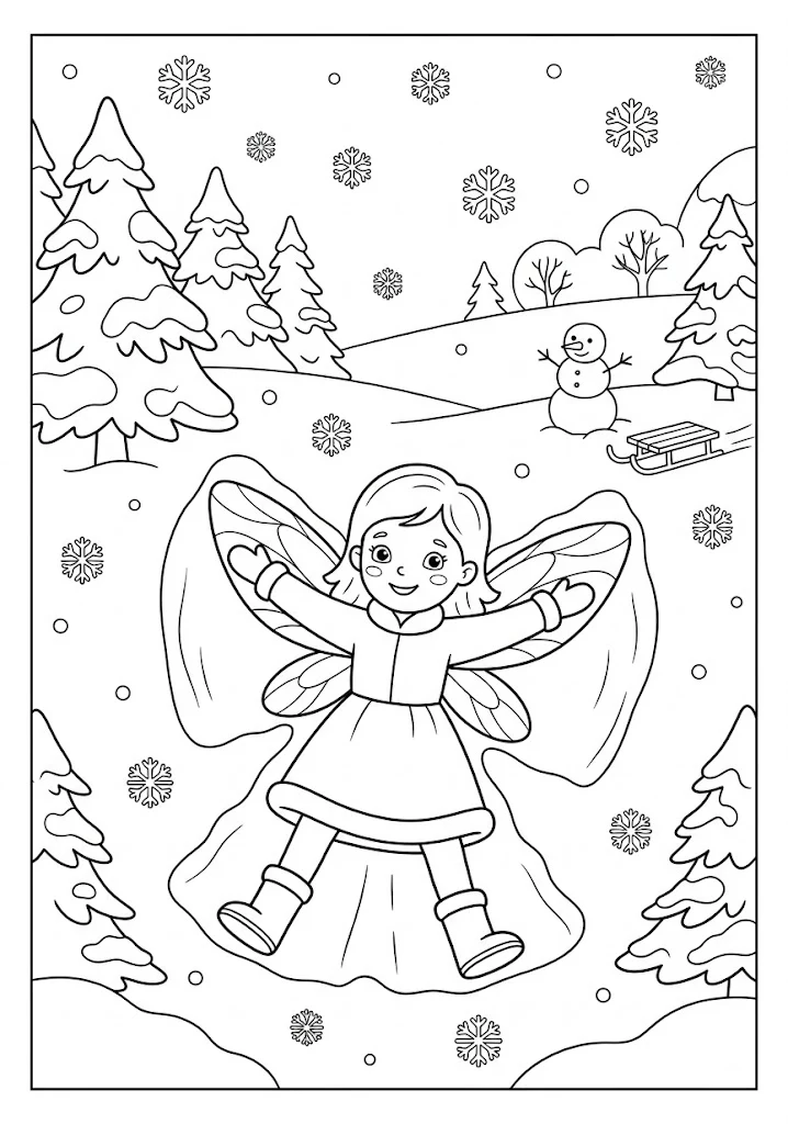A cute fairy laying in the snow making a snow angel in a snowy forest with pine trees and a snowman Fairy Coloring Pages