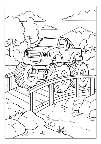 Monster truck crossing a wooden bridge over a flowing river with mountains in background Monster Truck Coloring Pages