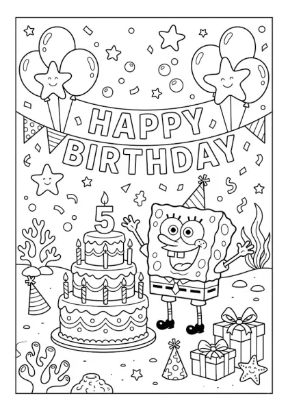 SpongeBob SquarePants celebrating a 5th birthday next to a big 3-tier birthday cake, party hats, and balloons SpongeBob Coloring Pages