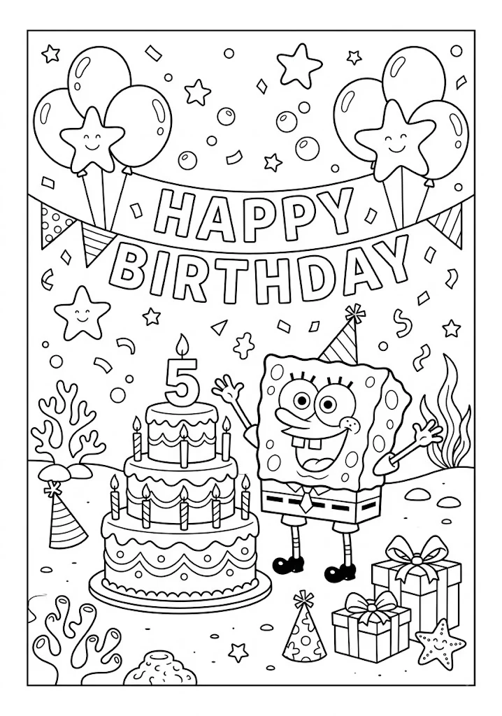 SpongeBob SquarePants celebrating a 5th birthday next to a big 3-tier birthday cake, party hats, and balloons SpongeBob Coloring Pages