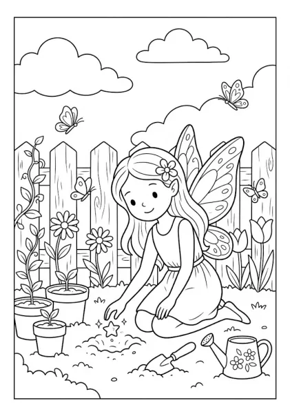 A cute fairy kneeling in a garden planting a glowing magical star into the ground near potted plants Fairy Coloring Pages