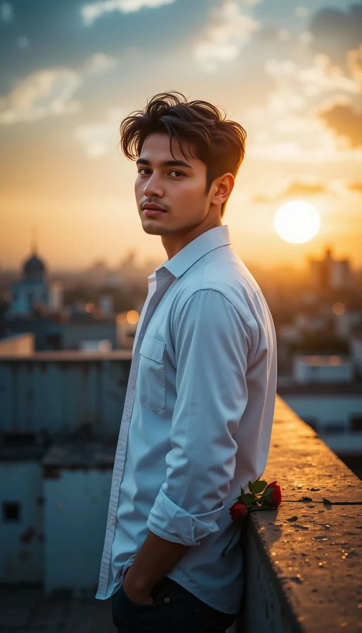 Cinematic Sunset Rooftop Portrait of Man Looking Back with Rose