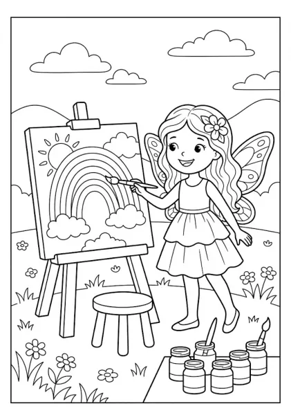 A cute fairy holding a paintbrush and painting a bright rainbow on an easel in an outdoor meadow Fairy Coloring Pages