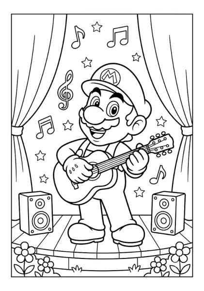 Mario playing a acoustic guitar on a musical stage with speakers and curtains Mario Coloring Pages