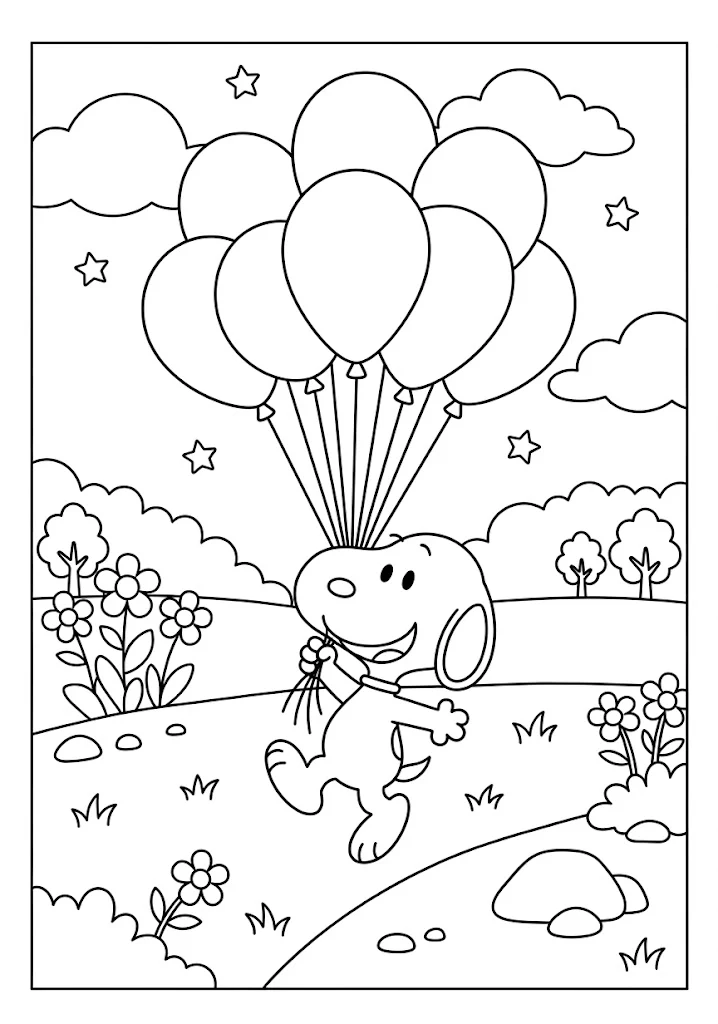 Snoopy happily walking along a path holding a giant bundle of floating balloons Snoopy Coloring Pages