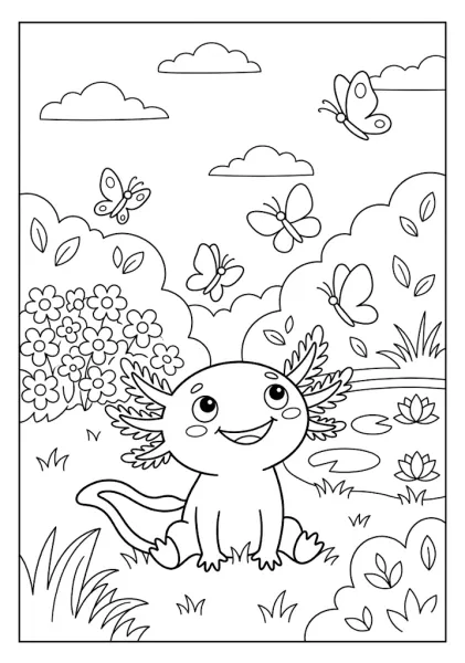 Cute axolotl sitting in a grassy field surrounded by fluttering butterflies and flowers Axolotl Coloring Pages