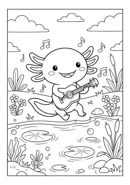 Cute axolotl playing an acoustic guitar by a pond with music notes floating Axolotl Coloring Pages