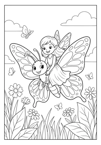 A cute fairy riding on the back of a large friendly butterfly high above a flower meadow Fairy Coloring Pages