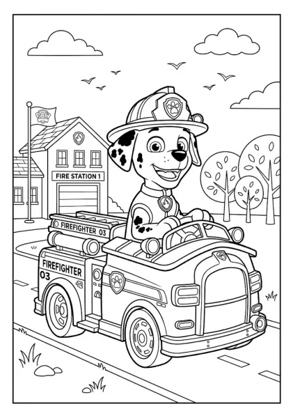 Marshall driving his firefighter truck on a road near Fire Station 1 under a cloudy sky