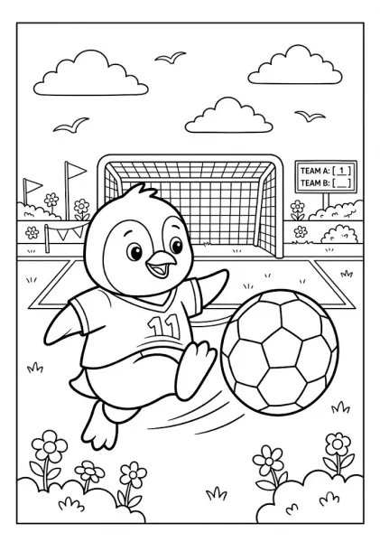 Cute penguin wearing a sports jersey kicking a soccer ball near a goal post and scoreboard on a field Penguin Coloring Pages