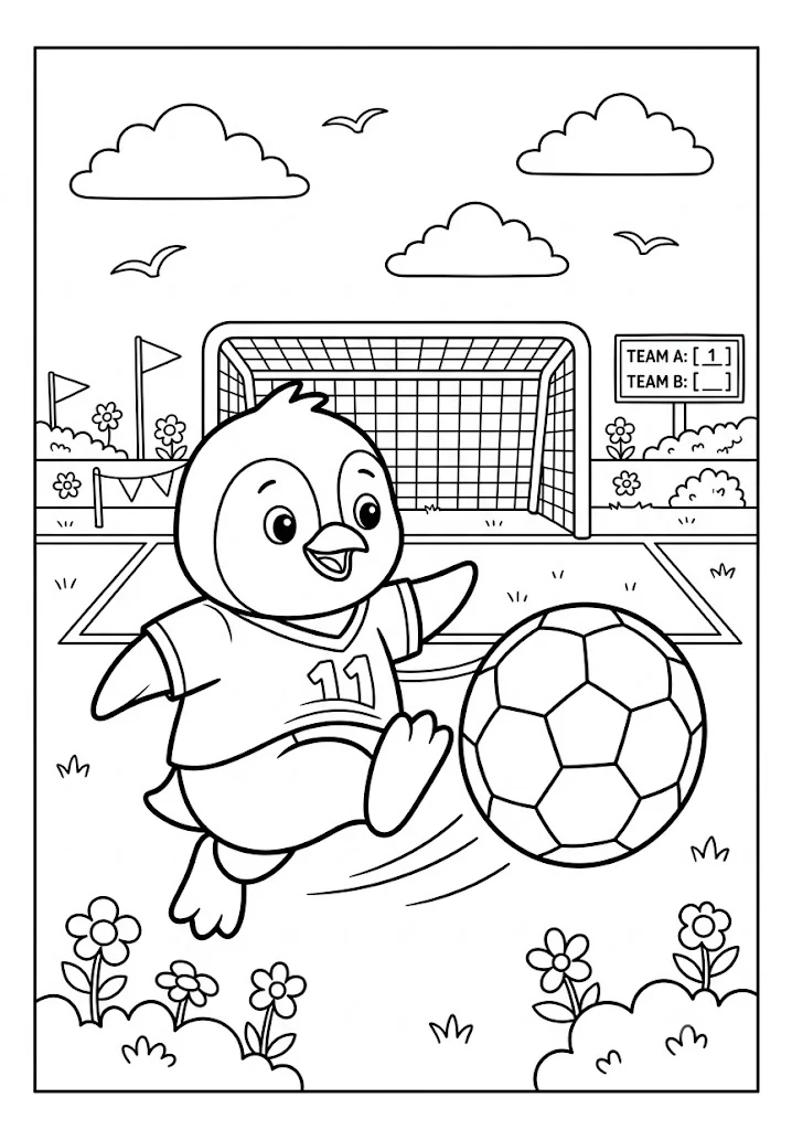 Cute penguin wearing a sports jersey kicking a soccer ball near a goal post and scoreboard on a field Penguin Coloring Pages