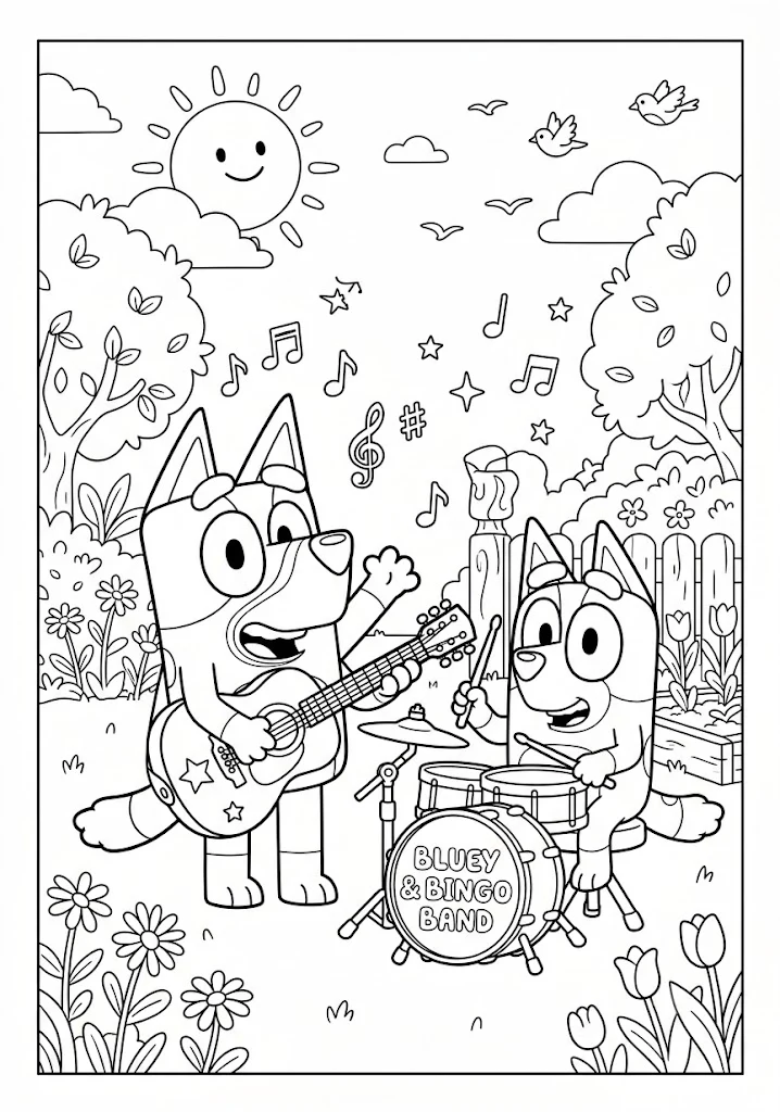 : Bluey playing an electric guitar and Bingo playing the drums next to a sign that says Bluey & Bingo Band