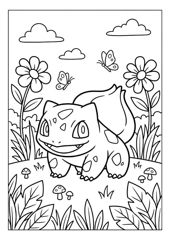 Cute Bulbasaur smiling happy in a garden of blooming flowers with butterflies and mushrooms Pokemon Coloring Pages