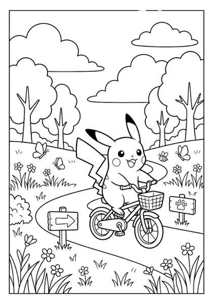 Cute Pikachu riding a bicycle down a park path with a front basket direction signs trees and flowers Pokemon Coloring Pages