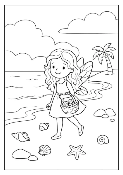 A cute fairy carrying a wicker basket filled with seashells while walking along a sunny tropical beach Fairy Coloring Pages