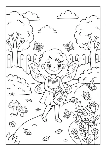 A cute fairy holding a flower-patterned watering can to water garden plants along a stone pathway Fairy Coloring Pages