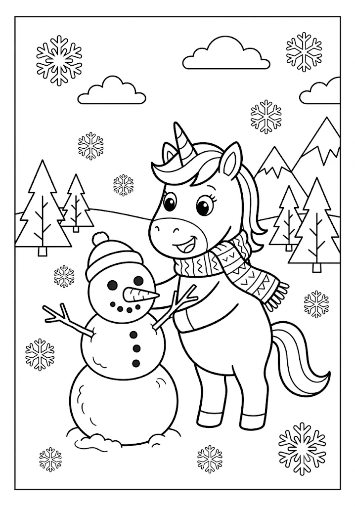 Cute unicorn wearing a scarf building a snowman in a snowy winter scene with pine trees