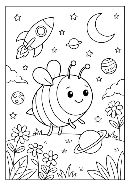 A cute bee floating in outer space surrounded by a rocket ship, crescent moon, and planets Bee Coloring Pages