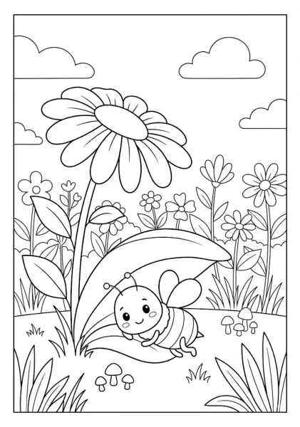 A cute bee resting under a giant flower leaf shade in a garden field with small mushrooms and flowers Bee Coloring Pages