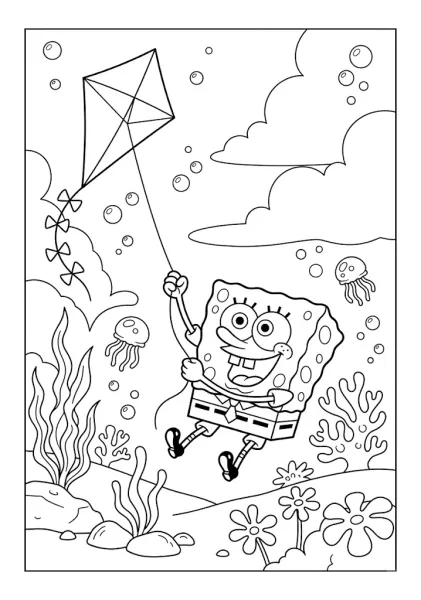 SpongeBob SquarePants flying a large diamond kite surrounded by jellyfish and underwater plants SpongeBob Coloring Pages