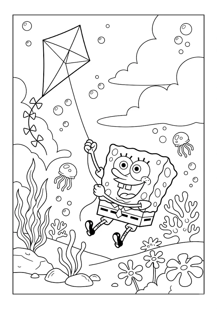SpongeBob SquarePants flying a large diamond kite surrounded by jellyfish and underwater plants SpongeBob Coloring Pages