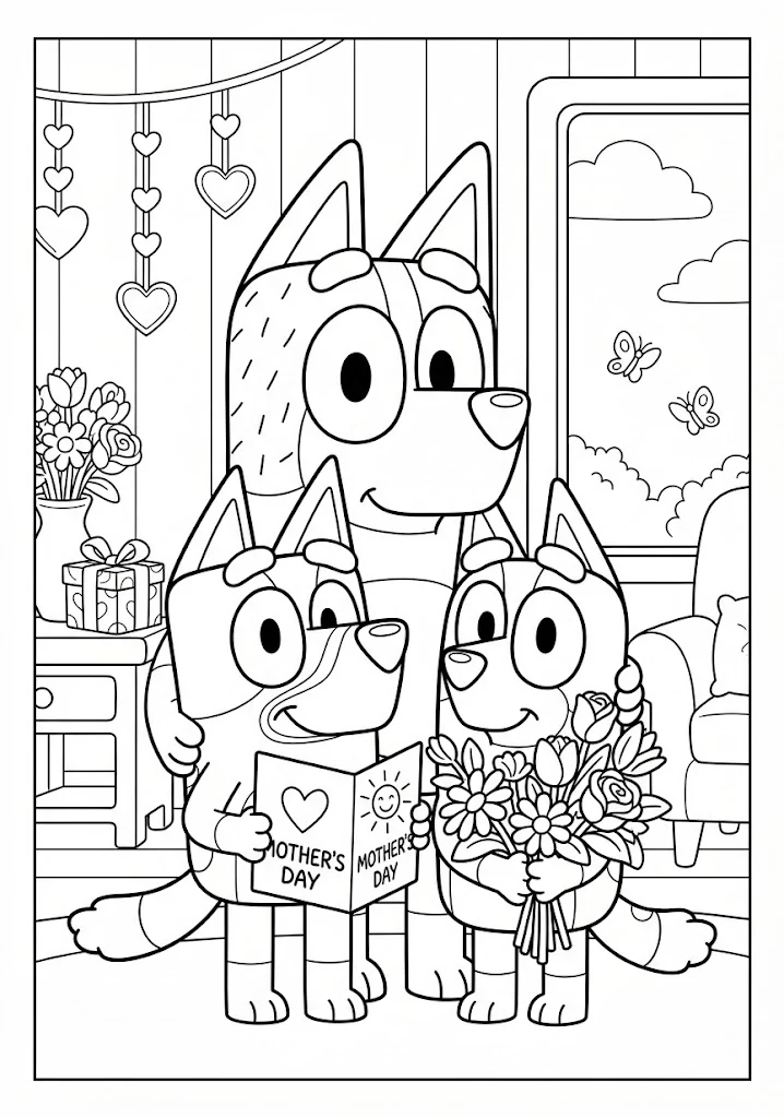 Bluey and Bingo hugging Bandit on Father's Day with a "Best Dad" trophy, card, and balloons